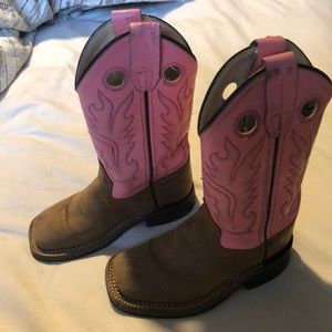 Old West Pink and Brown Square Toe Western Boots